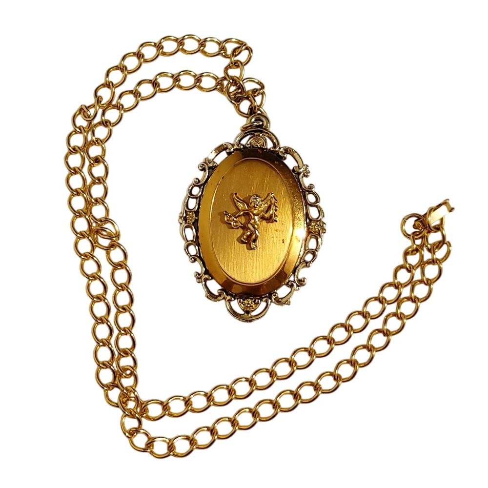 Vintage Winged Angel Cherub Reversible Gold-Tone Mirror Framed Chain Necklace